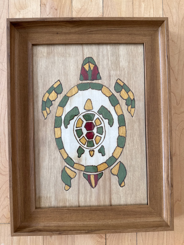 8 x 11.5 Wood Etching Free Hand Art - On Bassword in Bamboo Frame - Turtle - Green