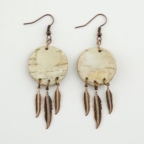 Round Birch Bark Earrings with Feathers