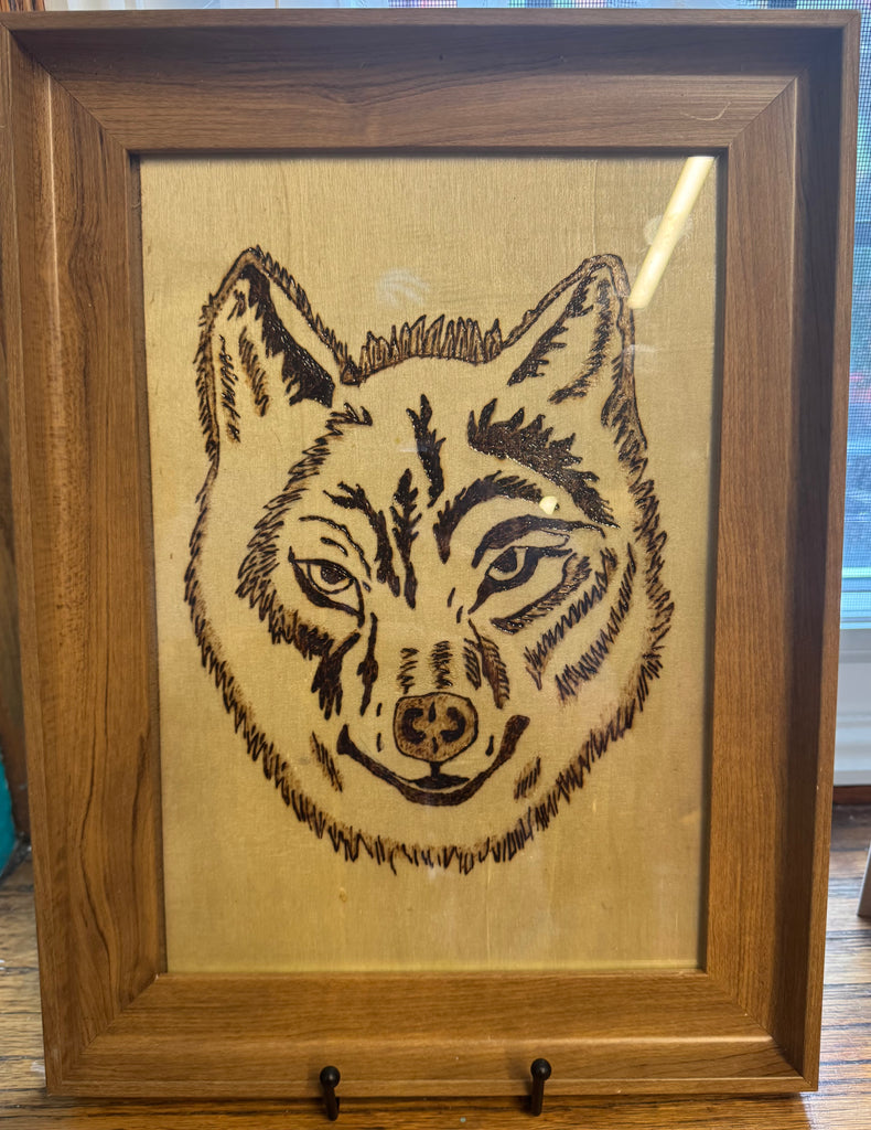 8 x 11.5 Wood Etching Free Hand Art - On Bassword in Bamboo Frame - Staring Wolf