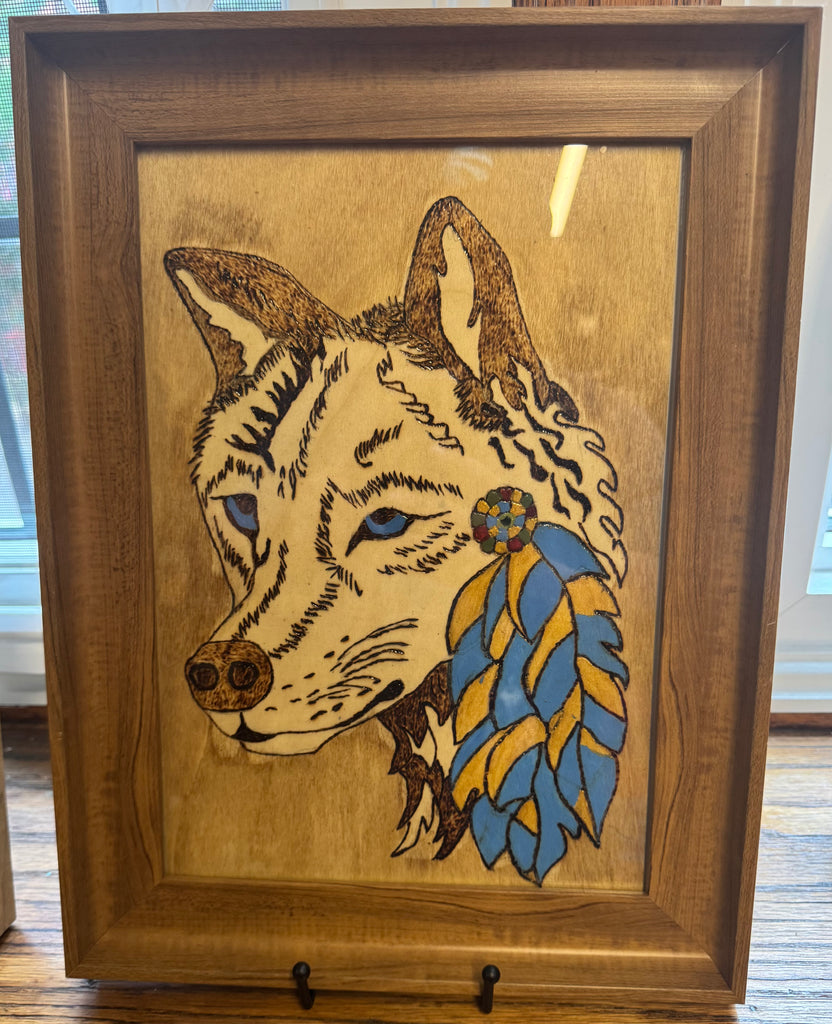 8 x 11.5 Wood Etching Free Hand Art - On Bassword in Bamboo Frame - Wolf with Feather - Blue