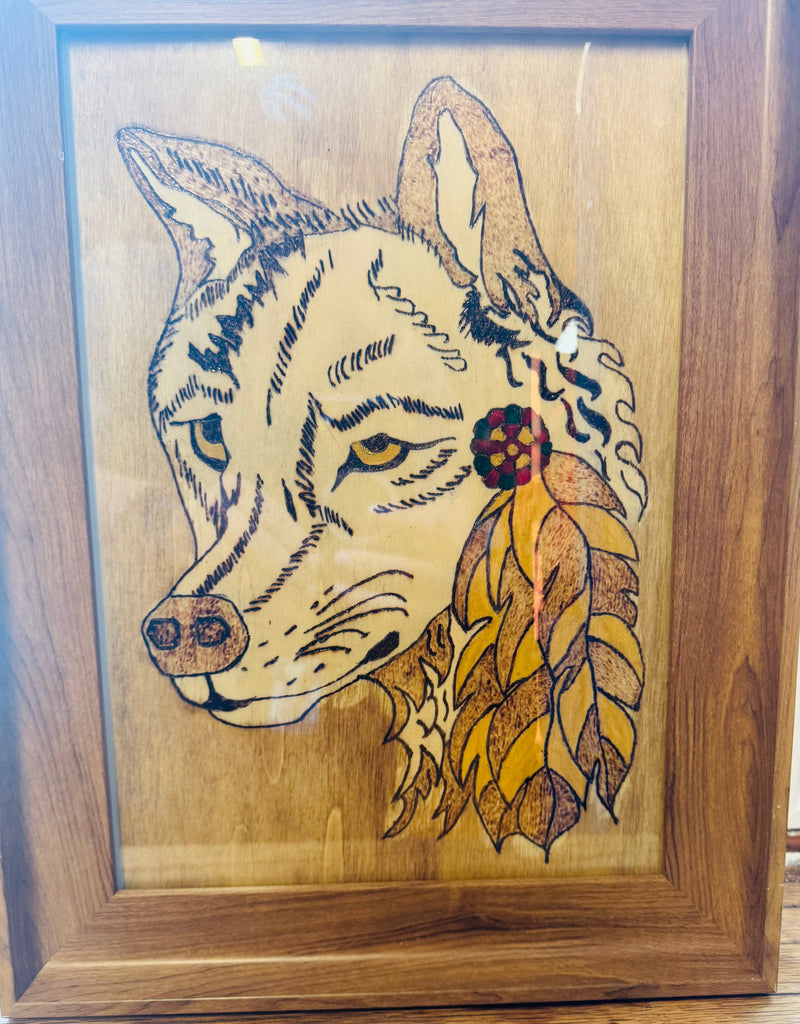 8 x 11.5 Wood Etching Free Hand Art - On Bassword in Bamboo Frame - Wolf with Feather - Gold