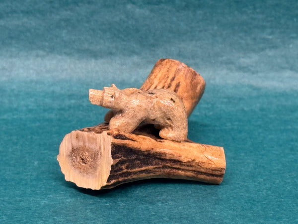 Soap Stone Carving -  Miniature on Antler Base Bear by Teyo Hill