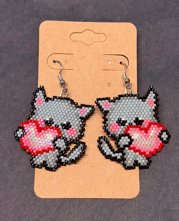 Beaded Grey Kitten Earrings