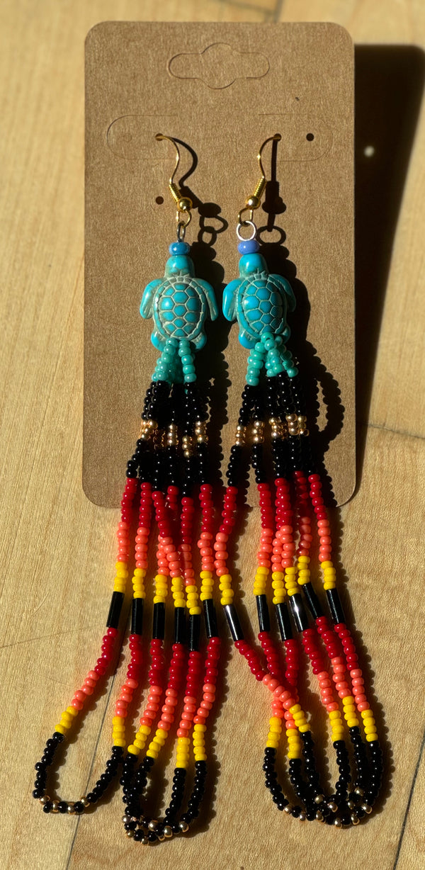 Long Blue Turtle with Black red, and yellow Seed Beaded Earrings by Elise Williams