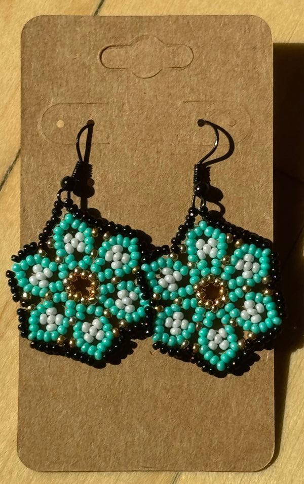 Blue Flower Design Beaded Earrings by Elise Williams