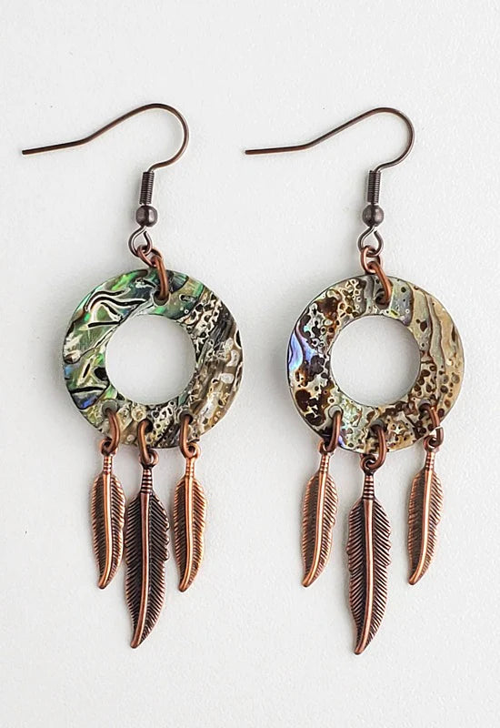 Donut Paua Shell Earring with Feathers